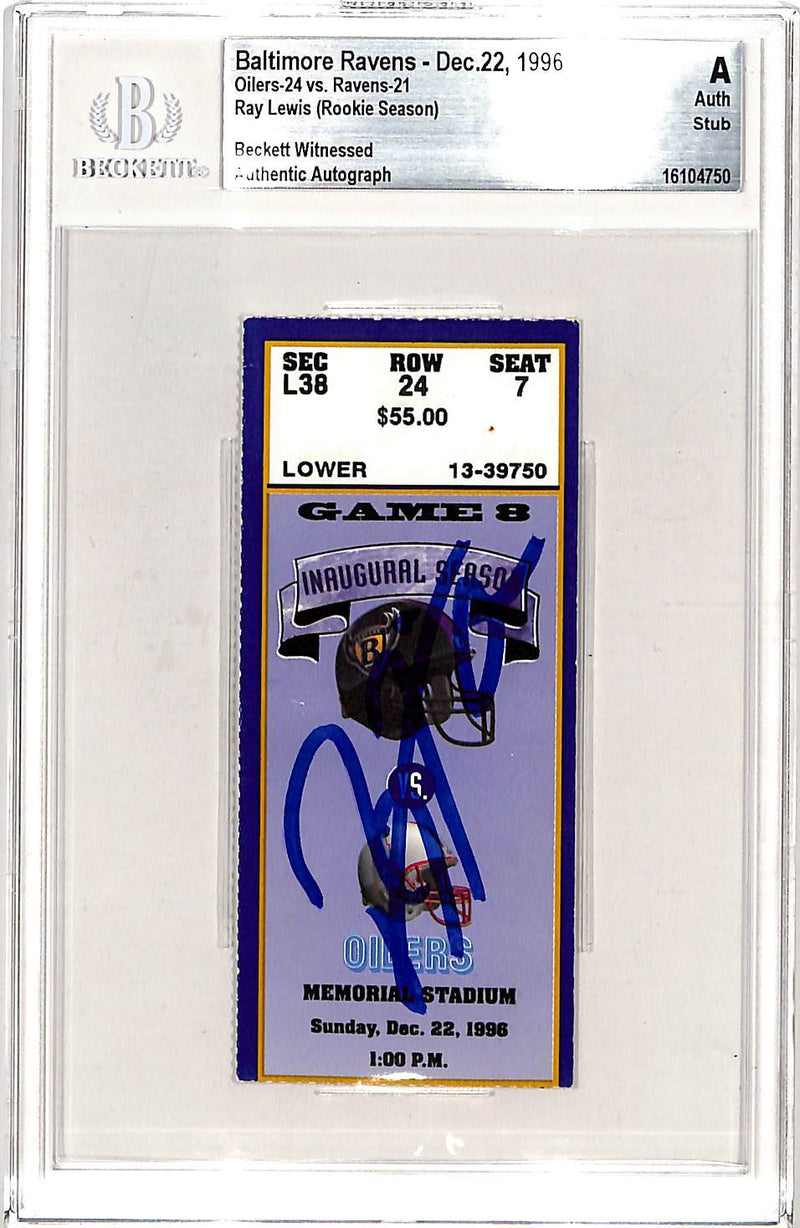 Ray Lewis Signed Baltimore Ravens 12/22/96 Ticket Stub (Beckett Slab)