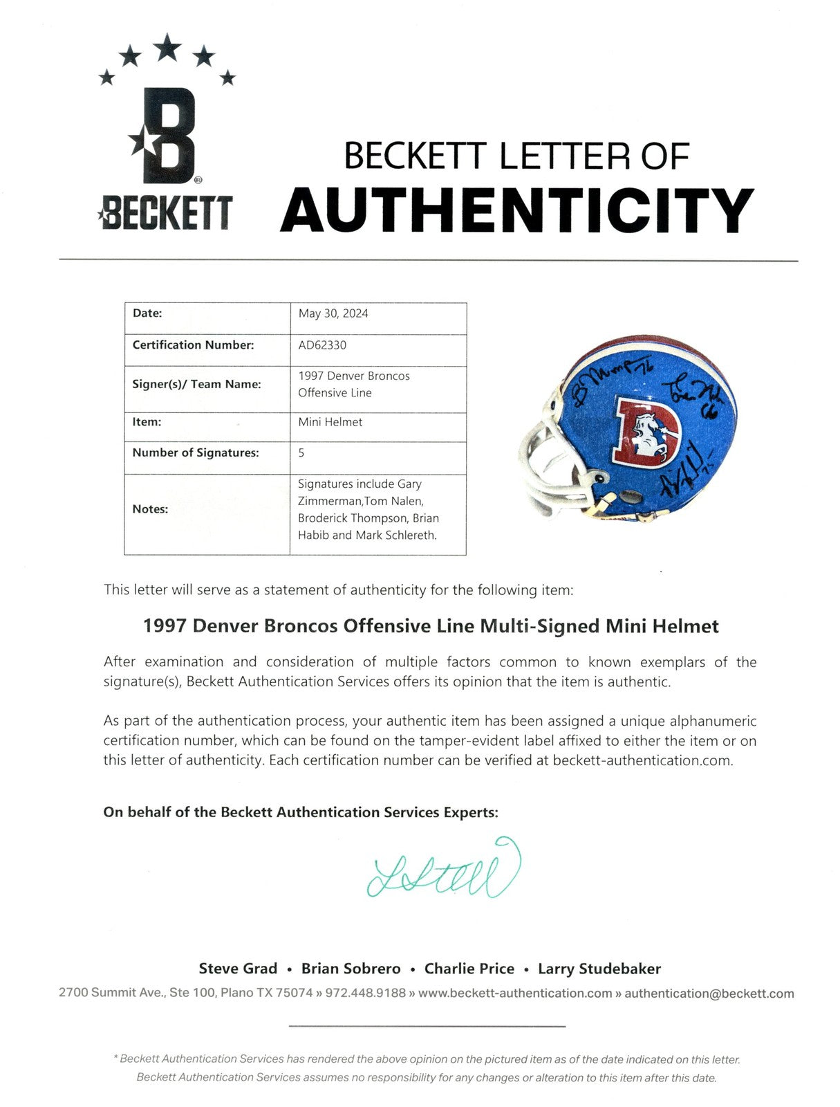 Gary Zimmerman, Tom Nalen & 1997 Broncos OL Multi-Signed Mini Helmet