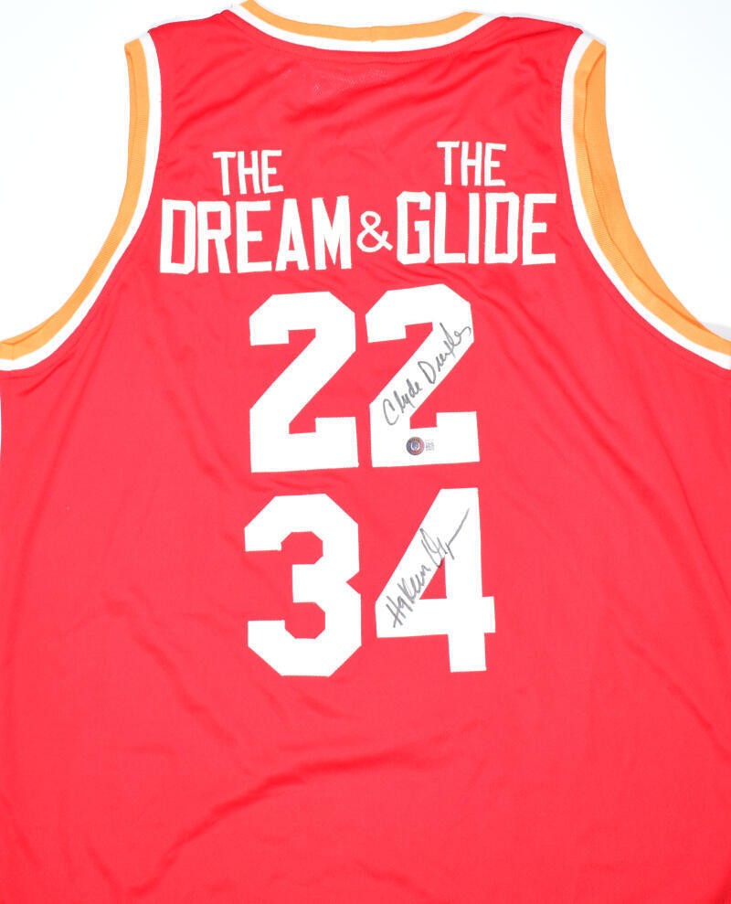 Hakeem Olajuwon & Clyde Drexler Autographed Houston Red Custom Jersey