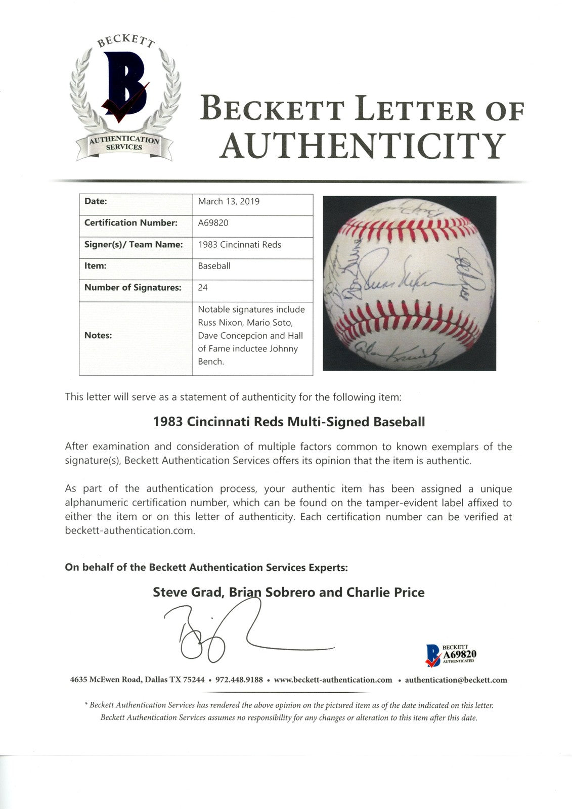 Cincinnati Reds 1983 Team Signed Baseball - Johnny Bench & 23 Others (Beckett)
