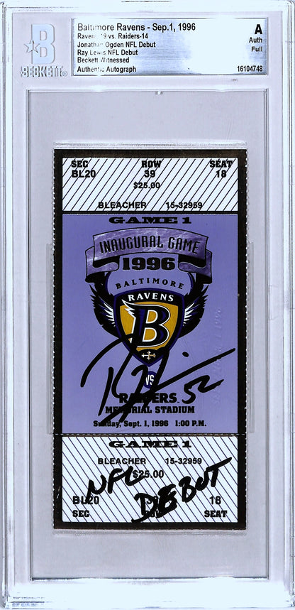Ray Lewis Signed Baltimore Ravens NFL Debut Ticket Stub Beckett Slabbed