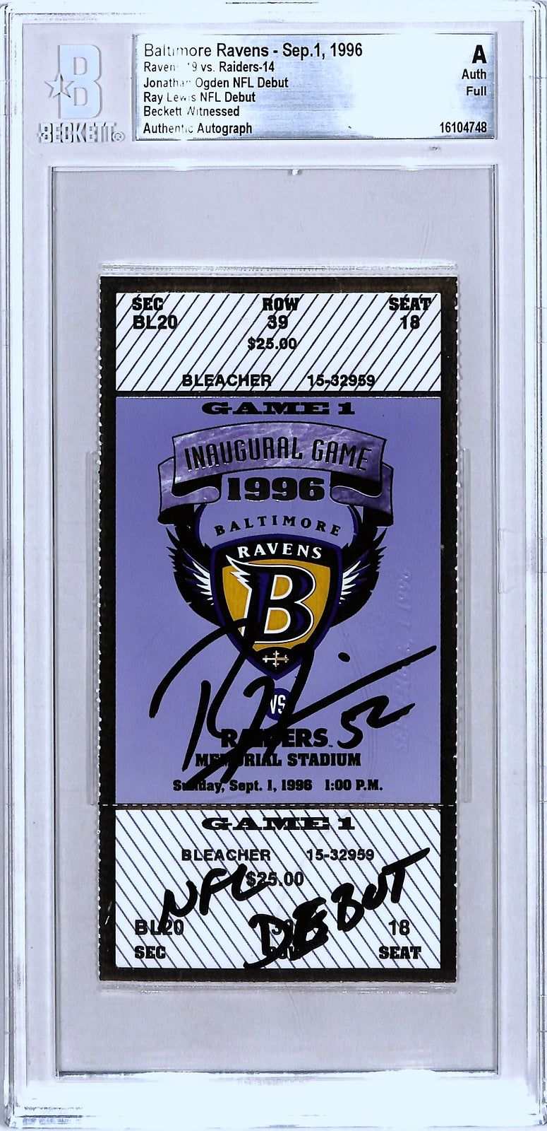 Ray Lewis Signed Baltimore Ravens NFL Debut Ticket Stub Beckett Slabbed
