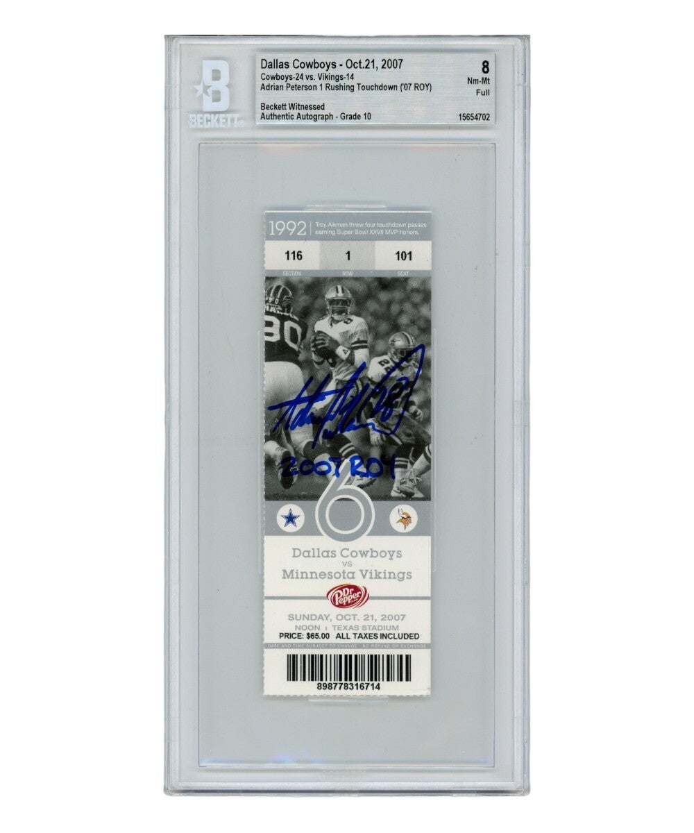 Adrian Peterson Signed Minnesota Vikings Ticket Stub "ROY" Beckett