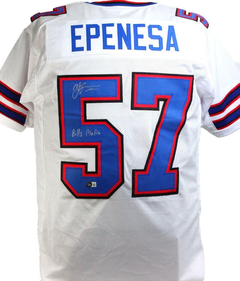 AJ Epenesa Autographed Buffalo Bills White Custom Jersey - "Bills Mafia"