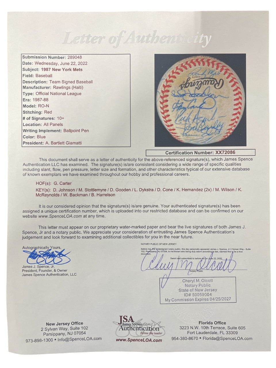 1987 New York Mets Team Signed National League Baseball (JSA LOA)