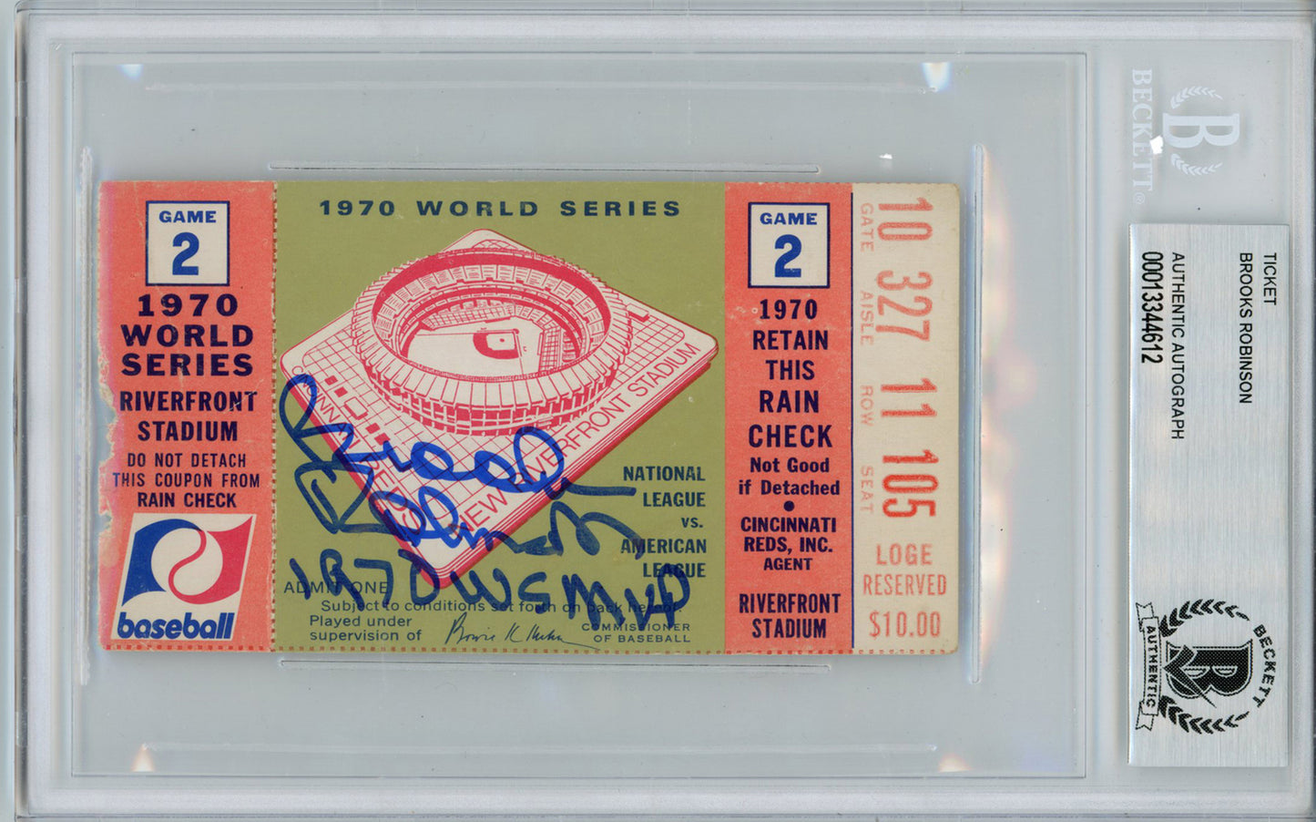 Brooks Robinson Autographed 1970 World Series Game 2 Ticket BAS Slabbed
