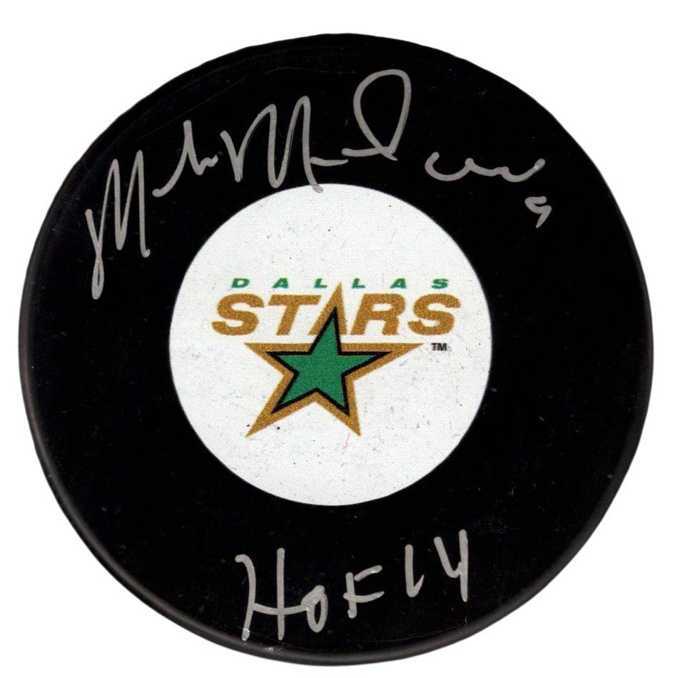 Mike Modano Signed Dallas Stars Logo Puck (HOF 2014 Inscription) JSA