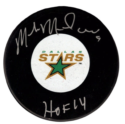Mike Modano Signed Dallas Stars Logo Puck (HOF 2014 Inscription) JSA