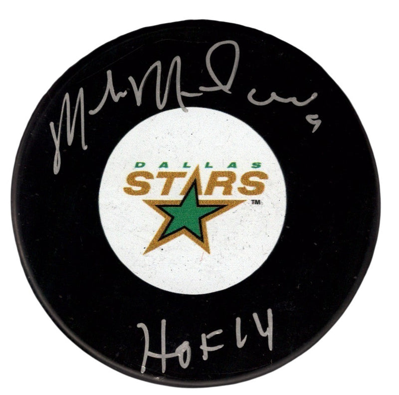 Mike Modano Signed Dallas Stars Logo Puck (HOF 2014 Inscription) JSA