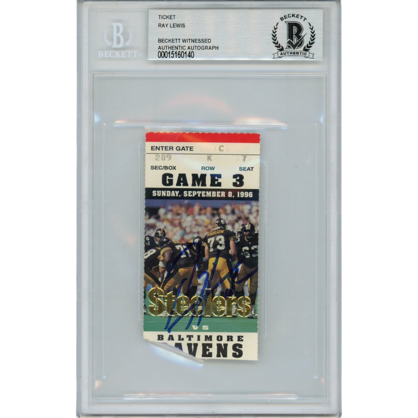 Ray Lewis Autographed Baltimore Ravens 1996 Ticket Stub (Beckett Slabbed)