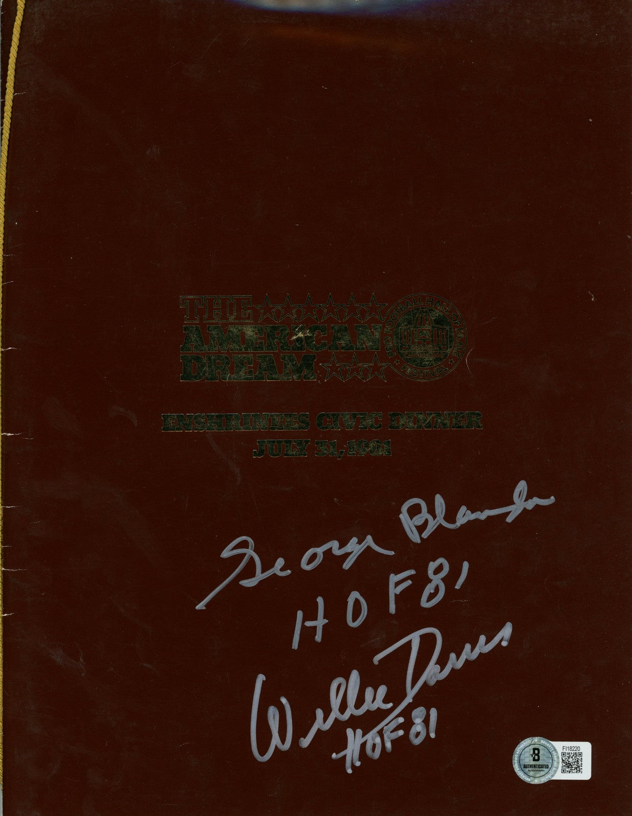 George Blanda and Willie Davis Signed 1981 HOF Enshrinees Dinner Program