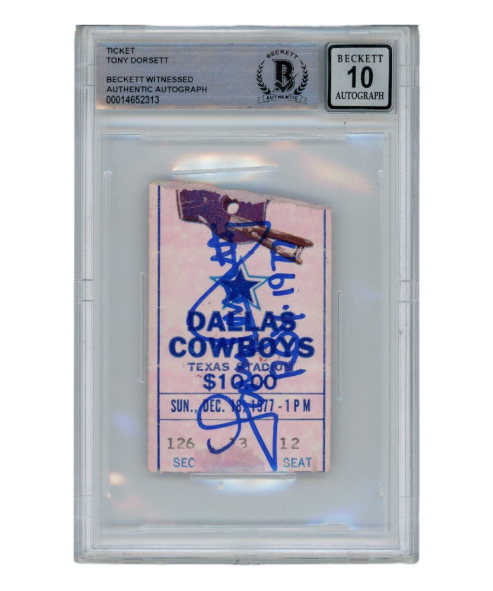 Tony Dorsett Signed 1977 Dallas Cowboys Ticket Stub "ROY" Inscription