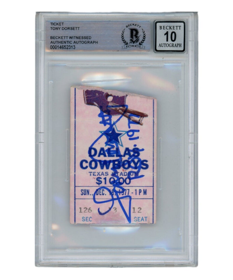 Tony Dorsett Signed 1977 Dallas Cowboys Ticket Stub "ROY" Inscription