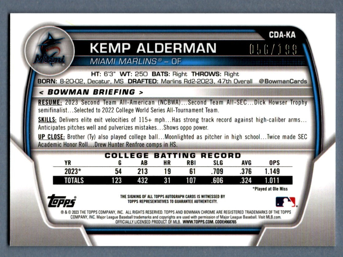 Kemp Alderman 2023 Bowman Chrome 1st Aqua Lava Refractor Signed Card /199