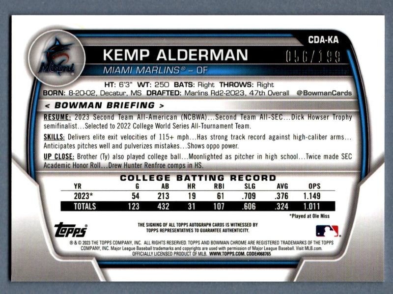 Kemp Alderman 2023 Bowman Chrome 1st Aqua Lava Refractor Signed Card /199
