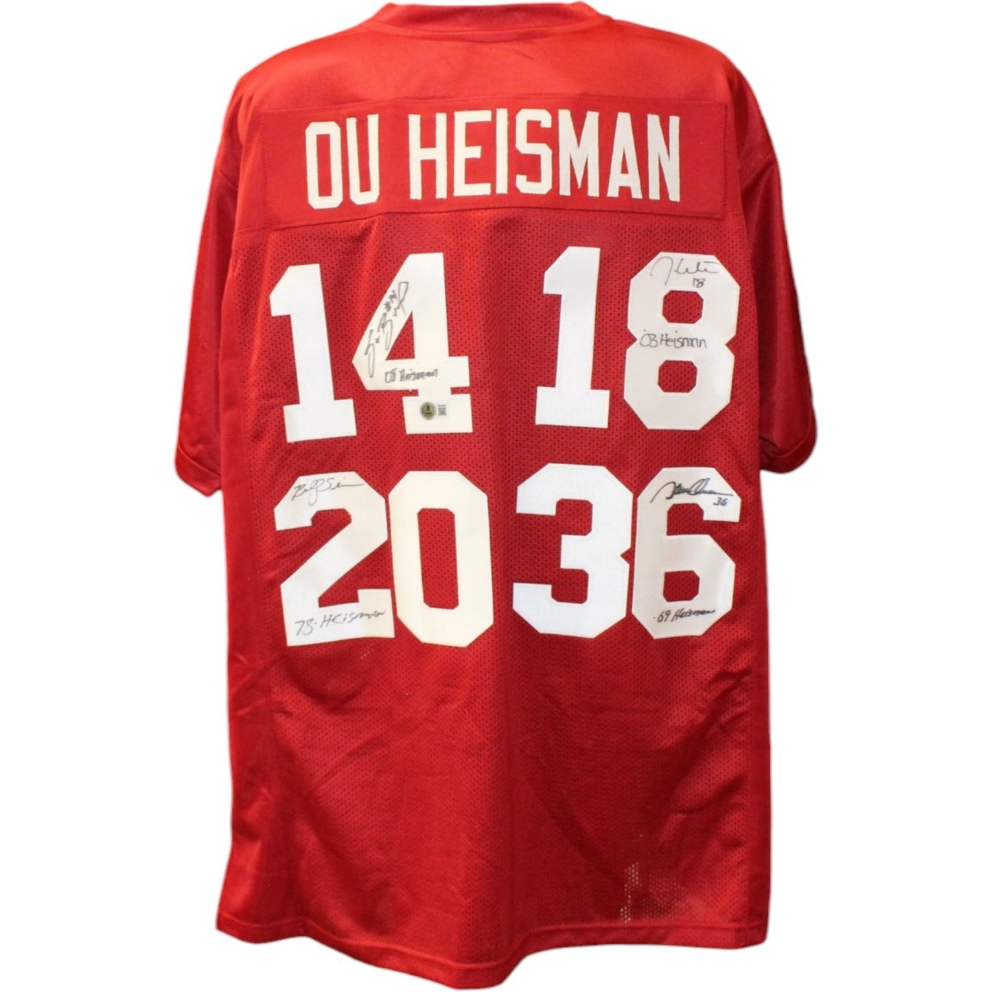 Sam Bradford, Jason White, Billy Sims & Steve Owens Signed Heisman Jersey