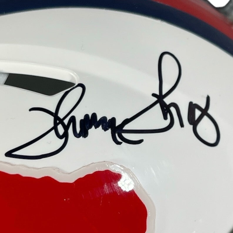 Jim Kelly, Andre Reed & Thurman Thomas Signed Bills Throwback Mini Helmet