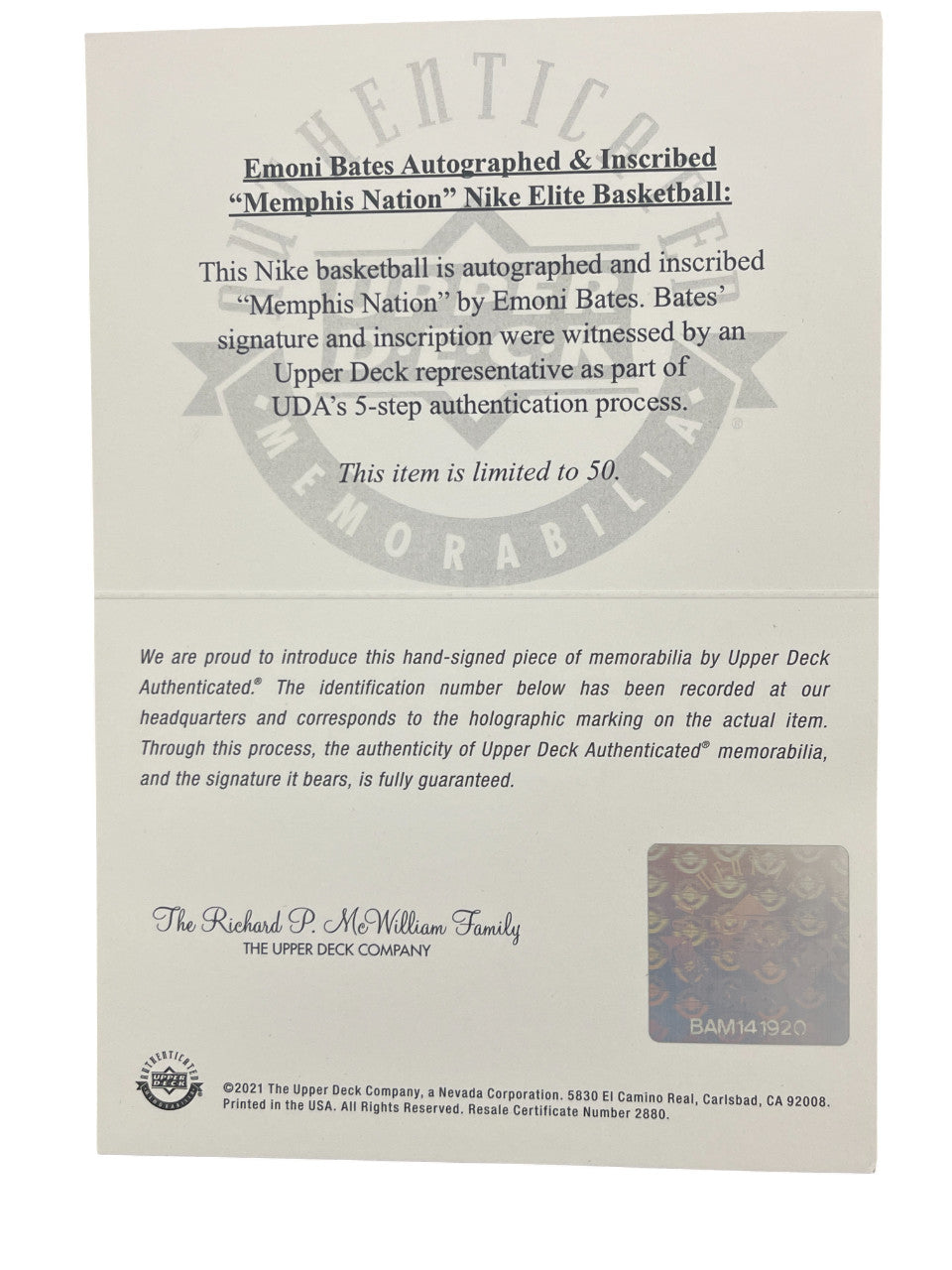 Emoni Bates Autographed Memphis Nike Elite Basketball (Upper Deck)