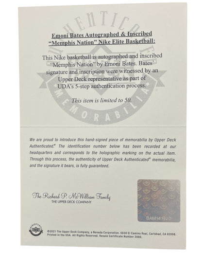 Emoni Bates Autographed Memphis Nike Elite Basketball (Upper Deck)