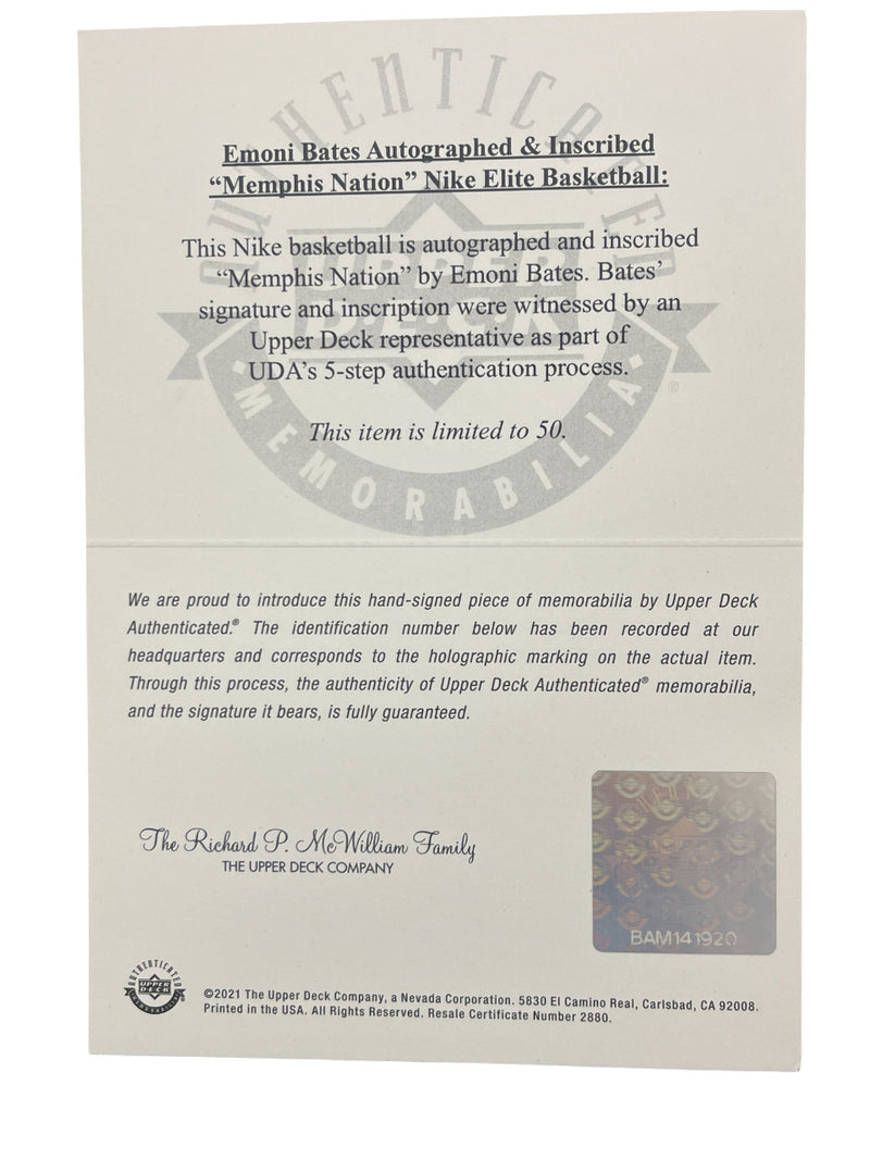Emoni Bates Autographed Memphis Nike Elite Basketball (Upper Deck)