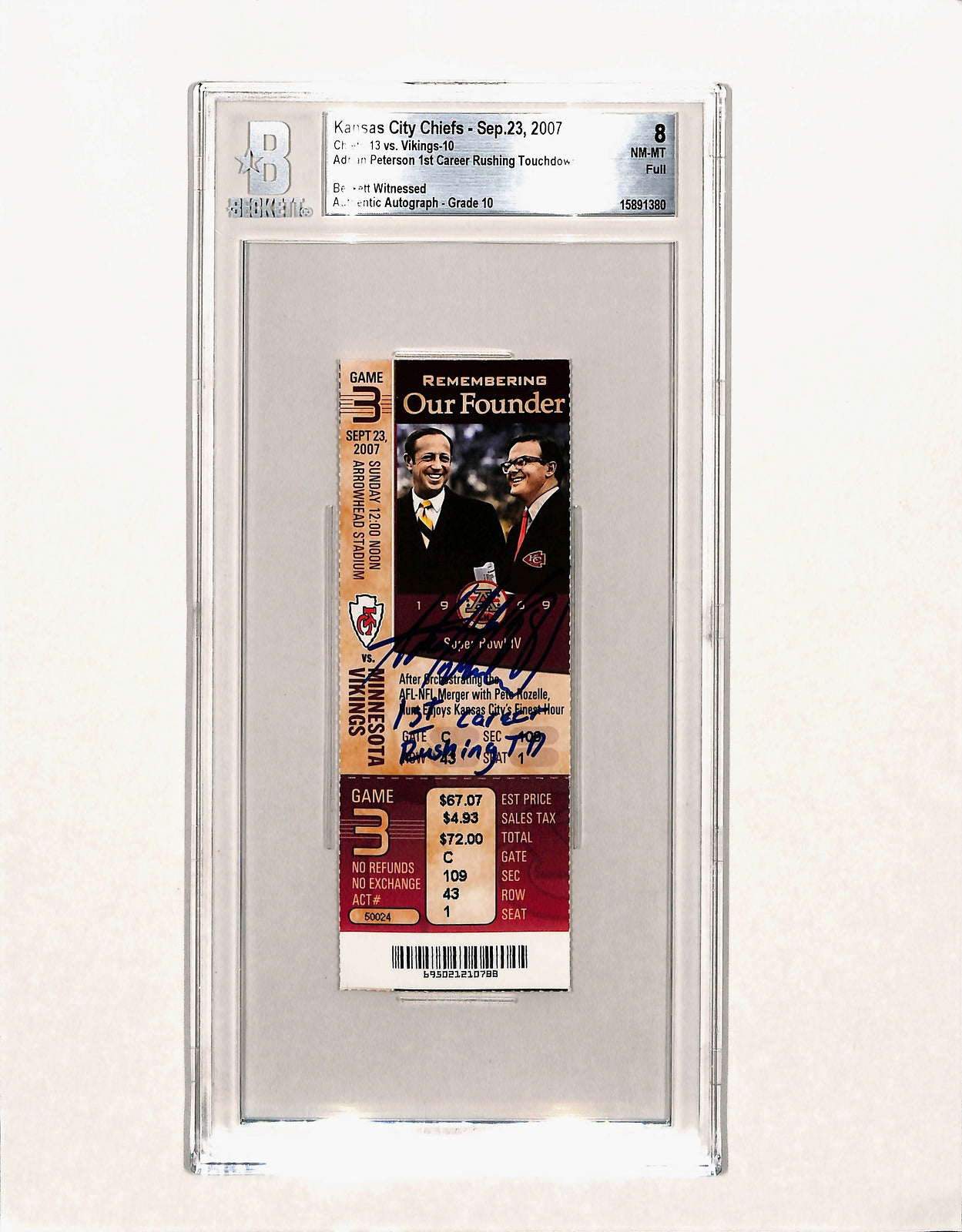 Adrian Peterson Signed Minnesota Vikings Ticket Stub "1st TD" BAS