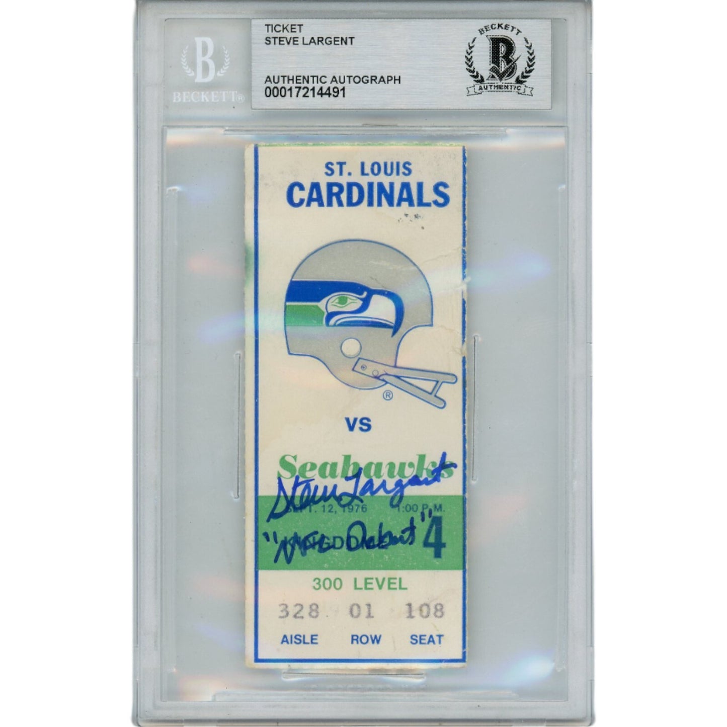 Steve Largent Autographed Seattle Seahawks NFL Debut Slabbed Ticket Stub