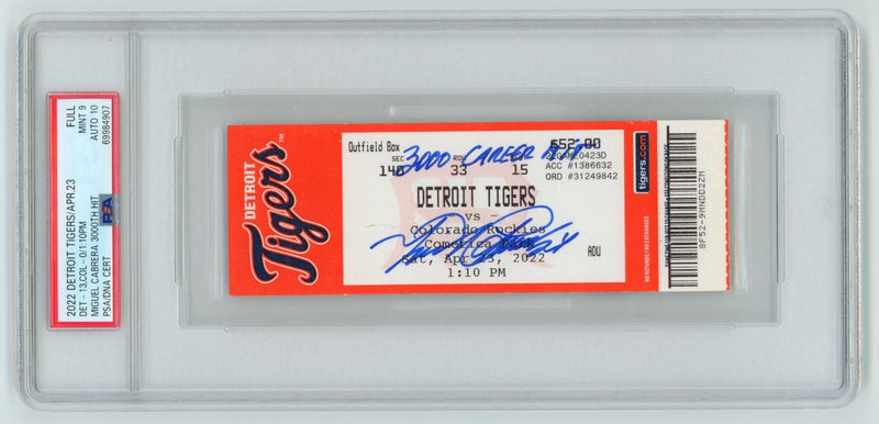 Miguel Cabrera Signed 3000th Hit Ticket w/ Inscription PSA 9/10