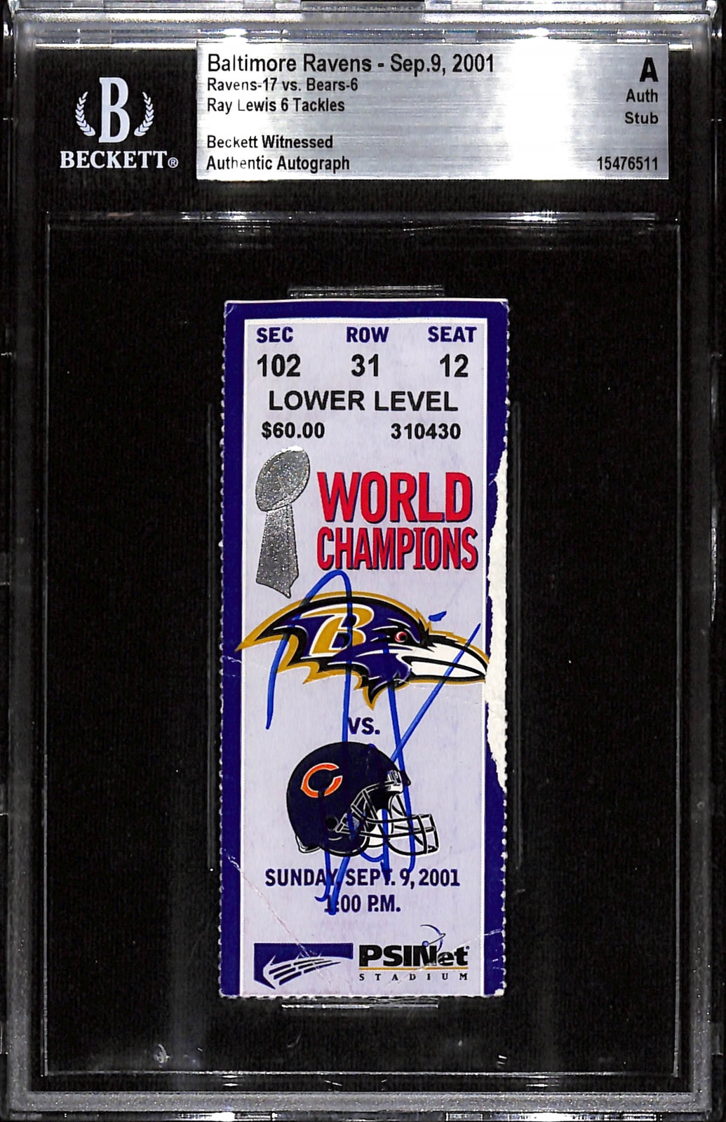 Ray Lewis Signed Baltimore Ravens 09/09/2001 Slabbed Ticket Beckett
