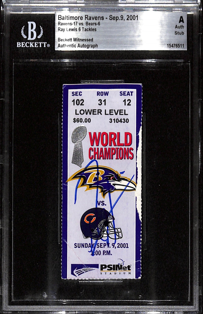 Ray Lewis Signed Baltimore Ravens 09/09/2001 Slabbed Ticket Beckett