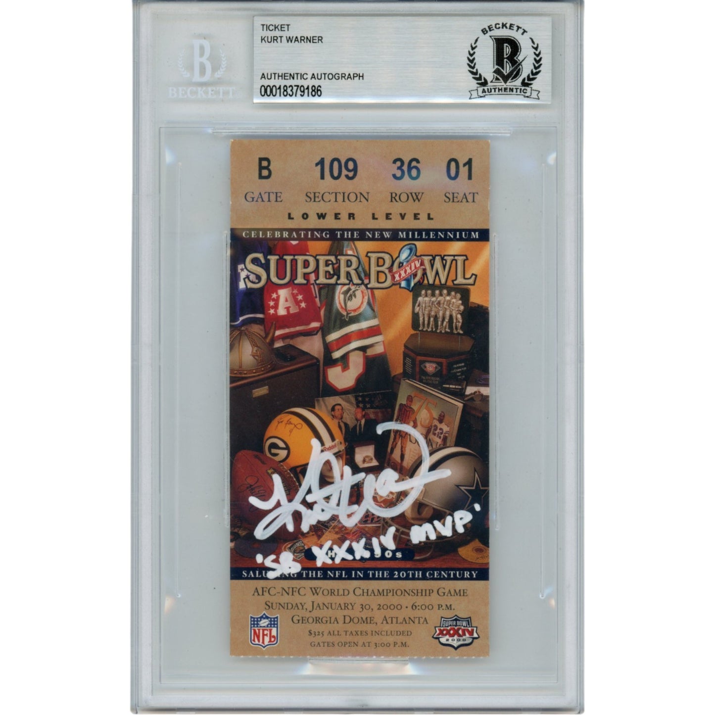 Kurt Warner Signed St. Louis Rams Super Bowl XXXIV Ticket Stub SB XXXIV MVP