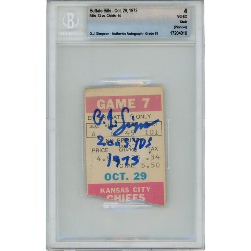 OJ Simpson Signed Buffalo Bills Ticket Stub 10/29/1973 "2003 Yds" Beckett