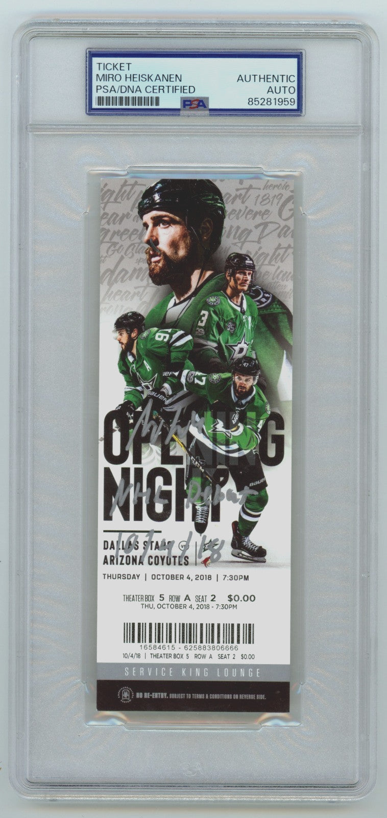 Miro Heiskanen Autographed NHL Debut Game Ticket (Dallas Stars) PSA