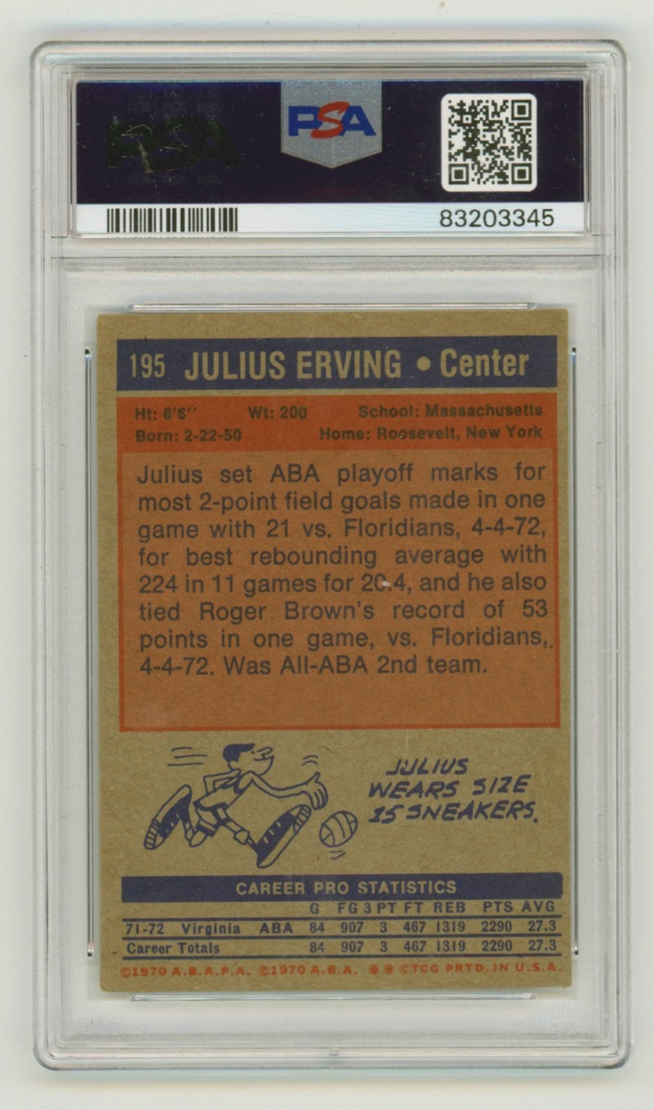 Julius Erving Signed 1972-73 Topps Rookie Card #195 PSA 3/10 HOF 93