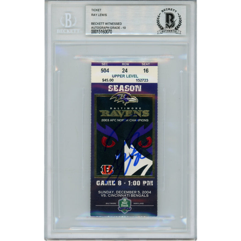 Ray Lewis Autographed Baltimore Ravens Ticket Stub 12/05/04 Beckett Grade 10