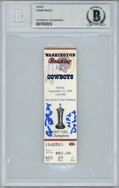 Champ Bailey Signed Washington Redskins 1999 NFL Debut Ticket Stub BAS Slabbed
