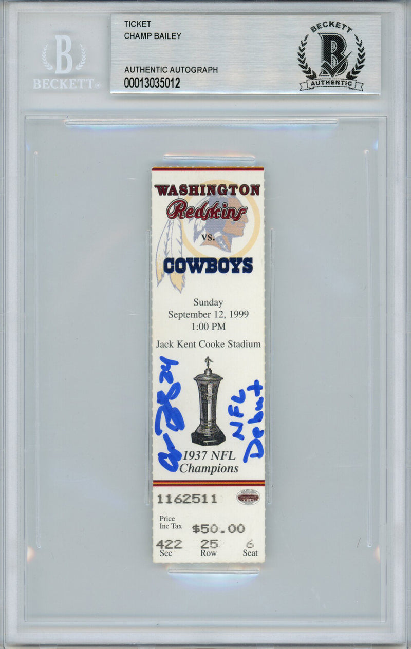 Champ Bailey Signed Washington Redskins 1999 NFL Debut Ticket Stub BAS Slabbed