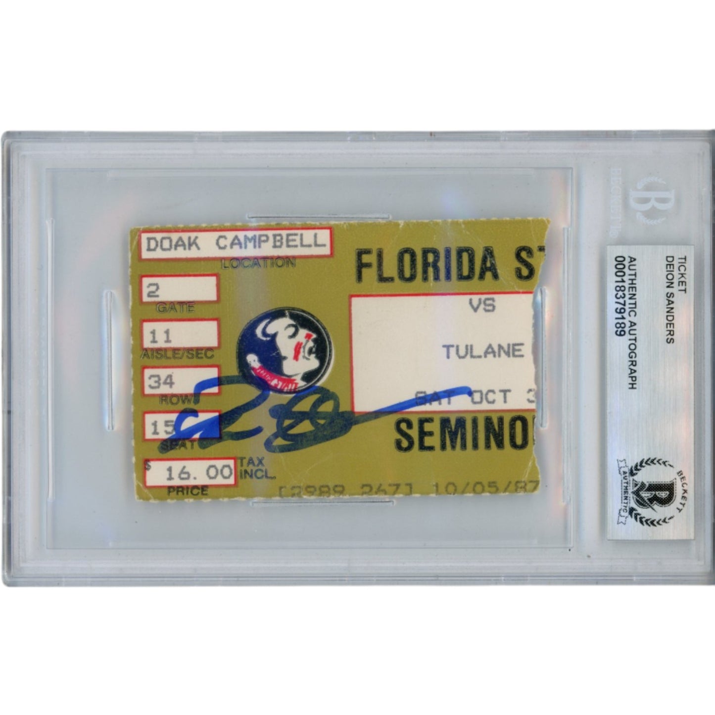 Deion Sanders Autographed Florida State Seminoles 1987 Ticket Stub (BAS)