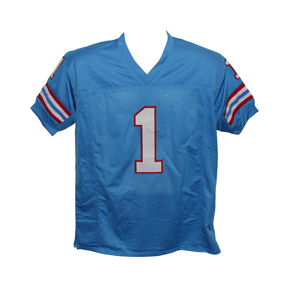 Warren Moon Autographed Houston Oilers Style Blue Jersey (HOF Inscription)