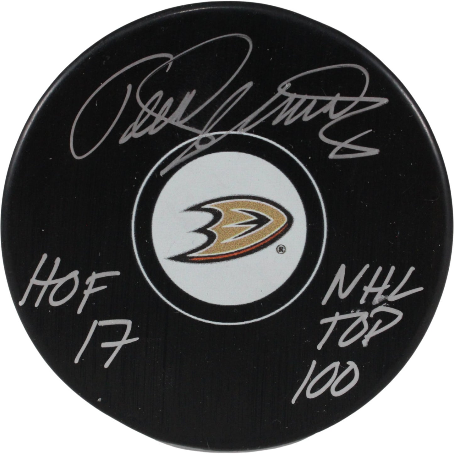 Teemu Selanne Autographed Anaheim Ducks Logo Puck (NHL Top 100, HOF)