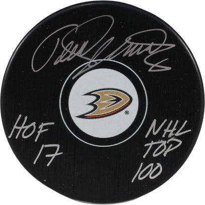 Teemu Selanne Autographed Anaheim Ducks Logo Puck (NHL Top 100, HOF)