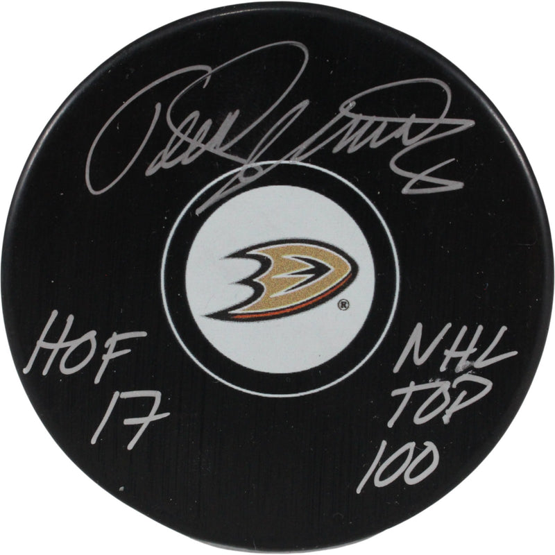 Teemu Selanne Autographed Anaheim Ducks Logo Puck (NHL Top 100, HOF)