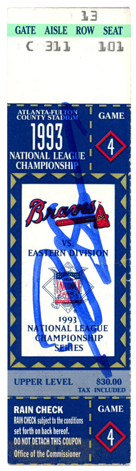 Deion Sanders Atlanta Braves Autographed 1993 NLCS Game 4 Ticket Stub BAS