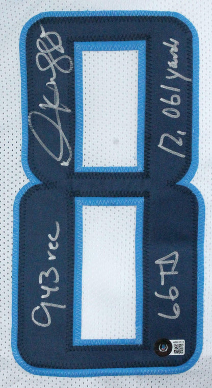 Derrick Mason Signed White Custom Jersey with 3 Career Inscriptions
