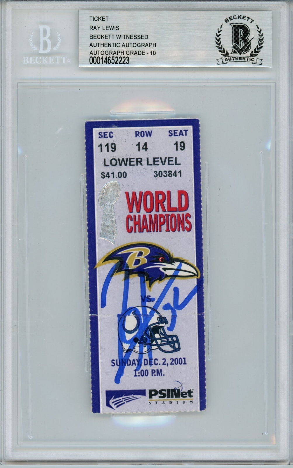 Ray Lewis Signed Baltimore Ravens vs Colts Ticket Stub BAS Slab