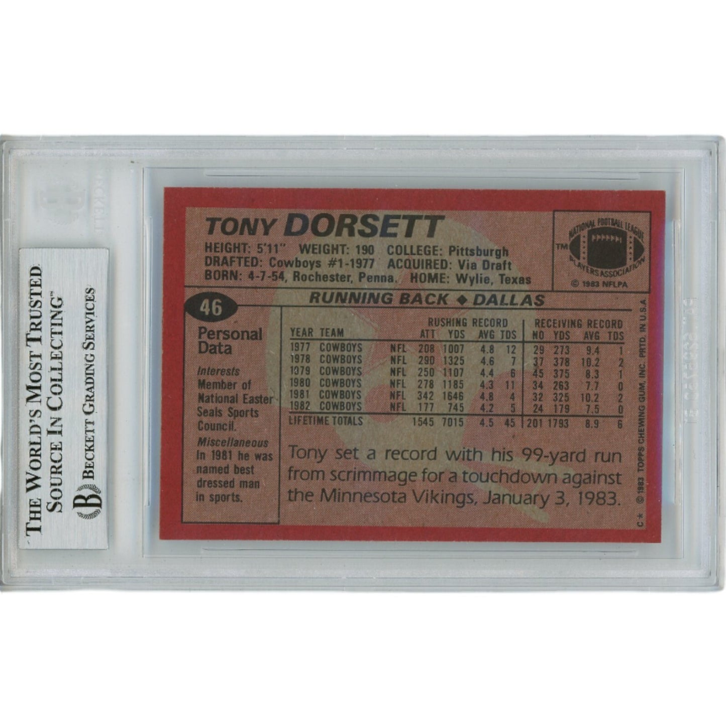 Tony Dorsett Signed 1983 Topps #46 Trading Card Dallas Cowboys Beckett Slab