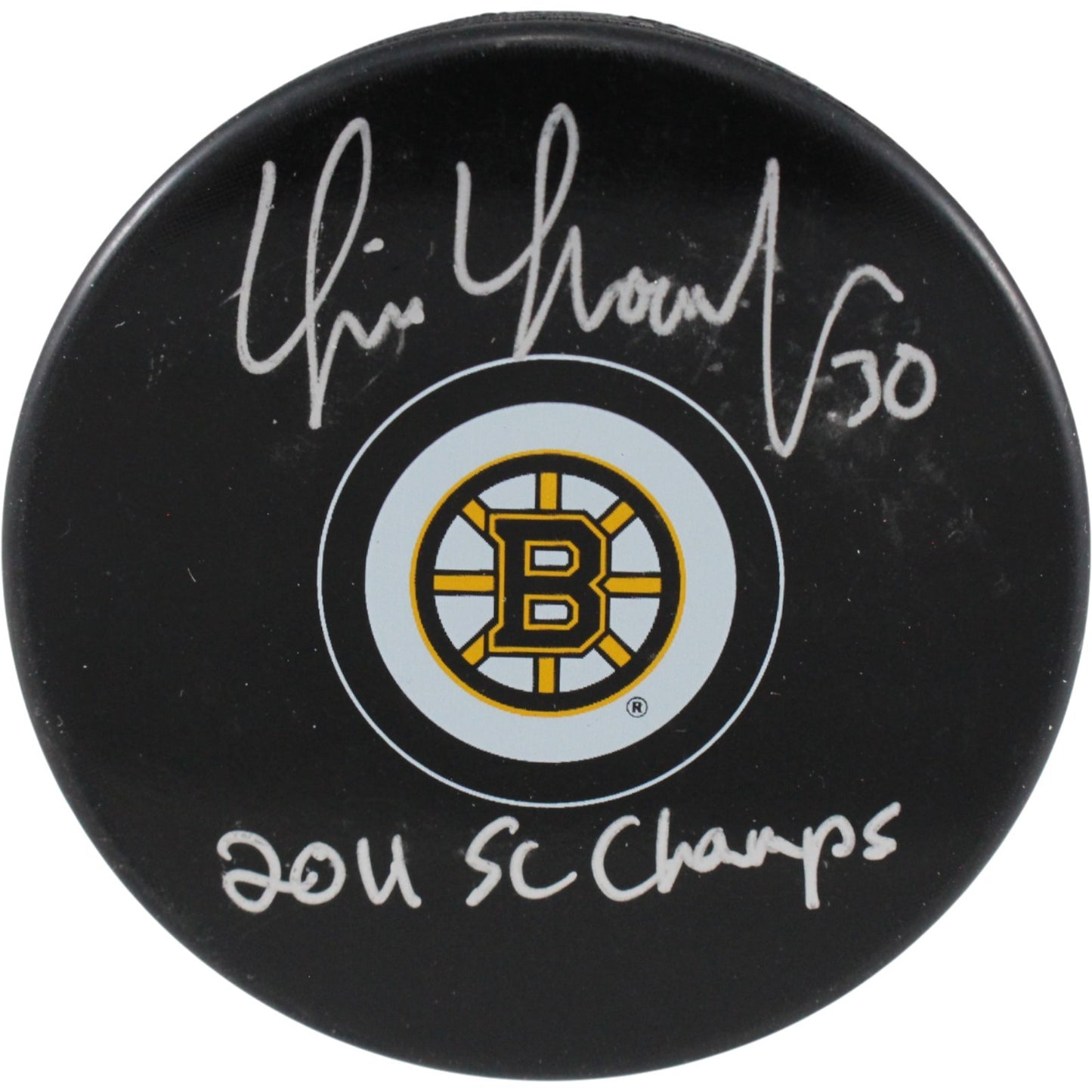 Tim Thomas Autographed Boston Bruins Puck (2011 SC Champs Inscription)