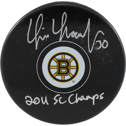 Tim Thomas Autographed Boston Bruins Puck (2011 SC Champs Inscription)