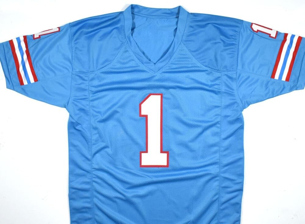 Warren Moon Autographed Blue Custom Jersey (HOF Inscription)