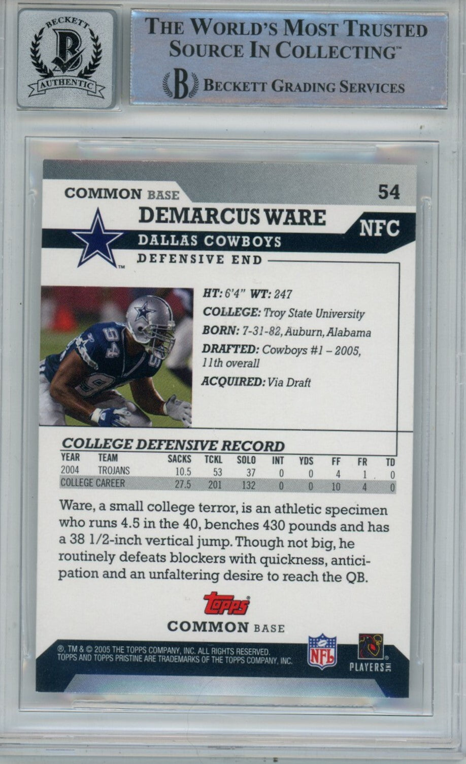 Demarcus Ware Signed Dallas Cowboys 2005 Pristine Trading Card - BAS Slabbed
