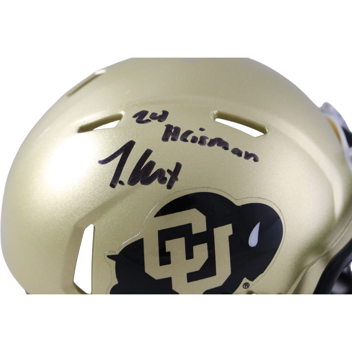 Travis Hunter Signed Colorado Buffaloes Mini Helmet with Heisman Inscription